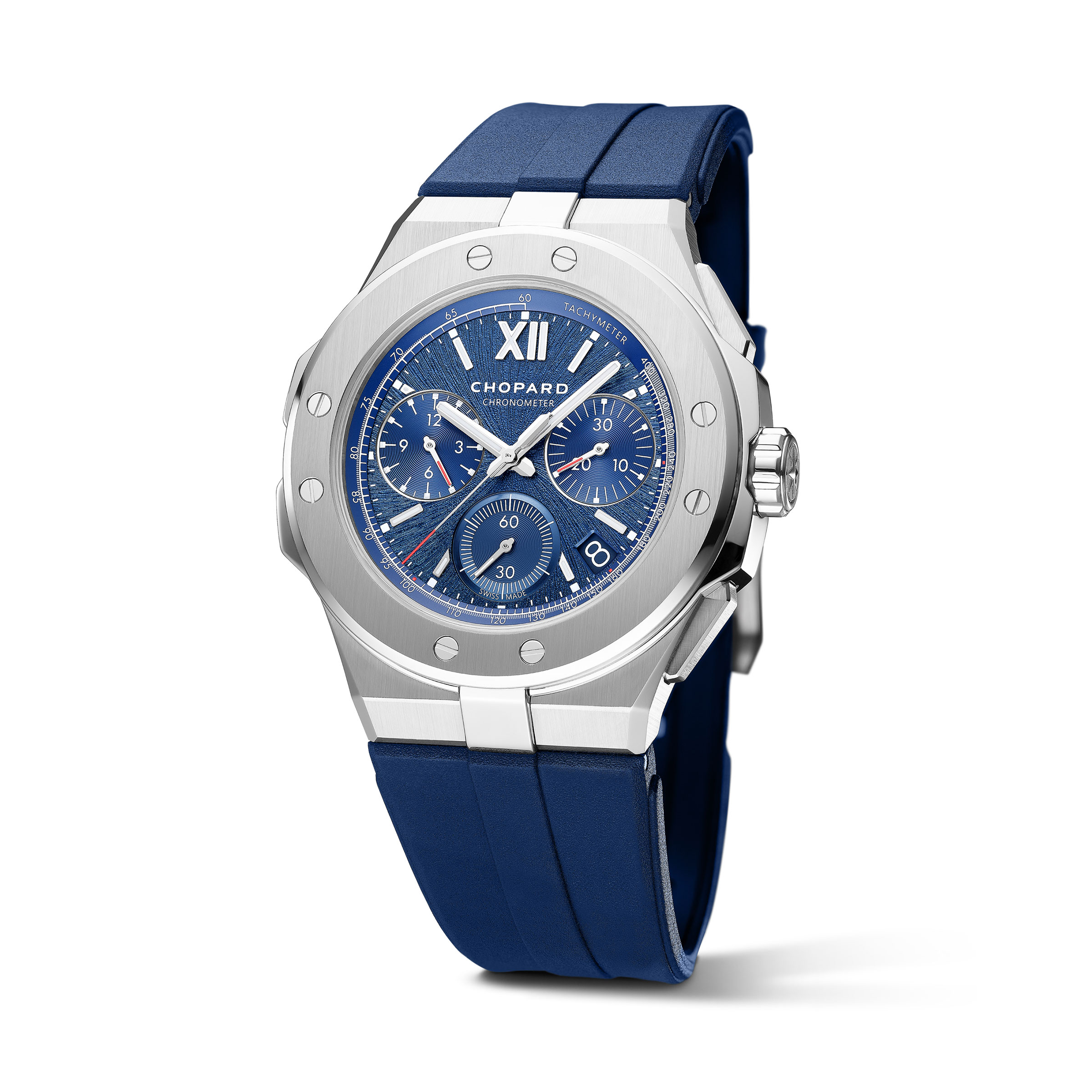 蕭邦Alpine Eagle XL Chrono，44mm Lucent Steel A223精鋼錶殼，裝載Chopard 03.05-C型飛返功能自動上鍊計時機芯，獲瑞士官方天文台認證。