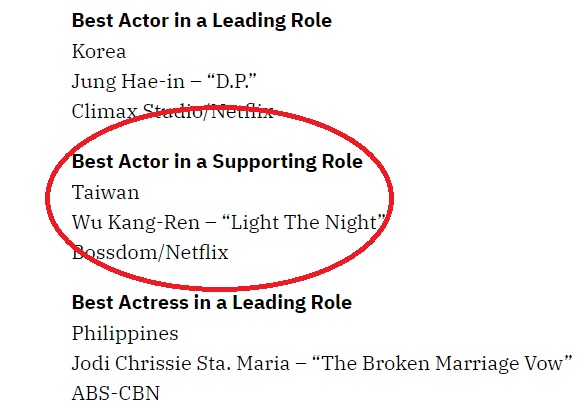 AACA今晨公布得獎名單,吳慷仁獲得「Best Actor in a Supporting Role」最佳男配角獎。(翻攝VARIETY官網)