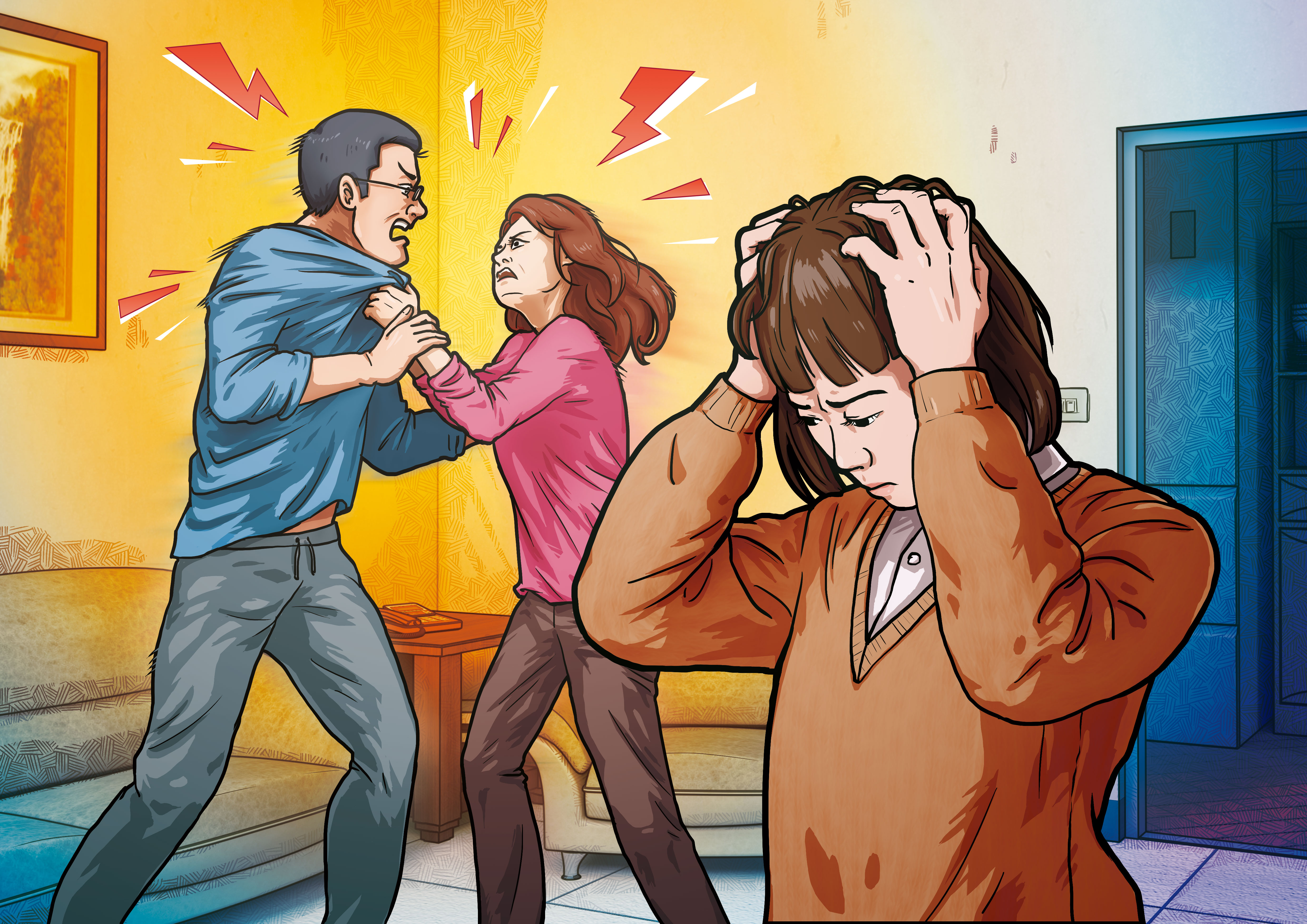 王姓凶手(左)與妻子(中)經常發生口角衝突,2人的女兒(右)也常目睹。(示意畫面)