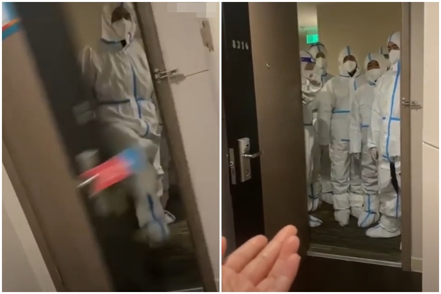 網路流傳，「大白」在已知女子僅著內衣需要換衣服的情況下，仍強拉去隔離。（翻攝自世界大不同YouTube頻道）