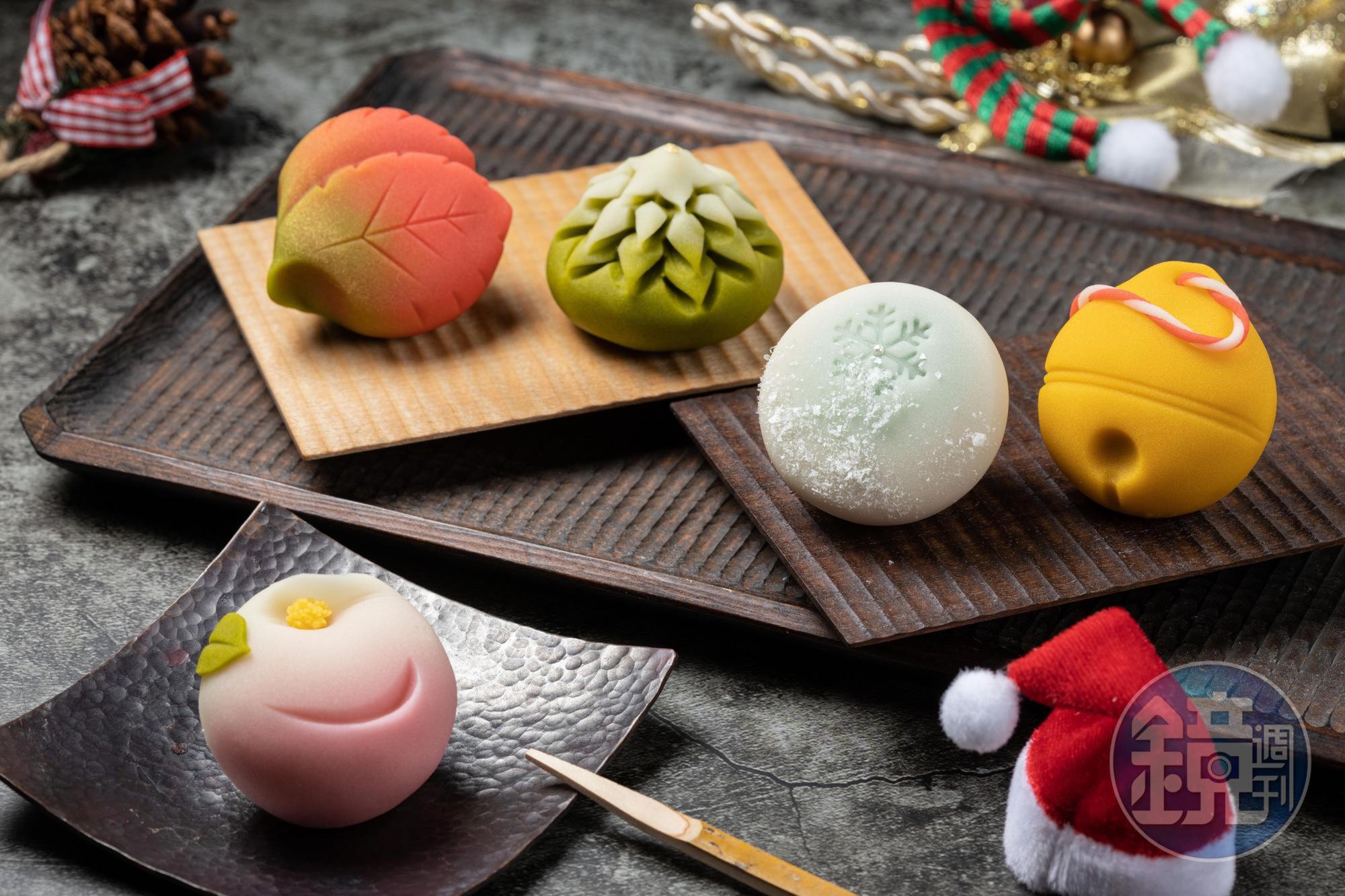 「聖夜」的5款練切和菓子，聖誕紅、聖誕樹、神鈴、雪花與寒椿造型，萌萌的，每一顆就像風味濃縮的小宇宙。（950元／盒，5顆）