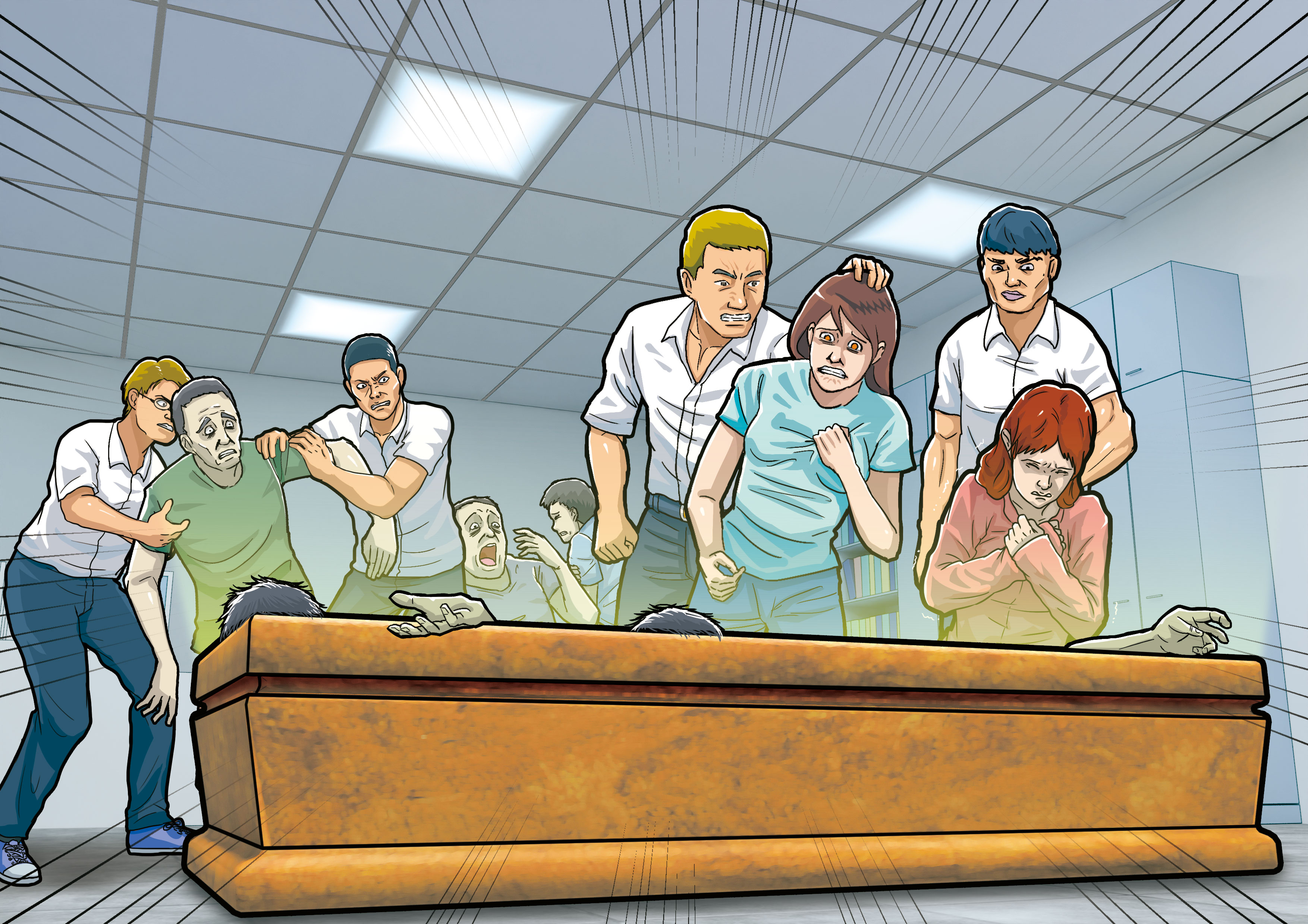 詐團幹部逼L女及其他人近距離觀看棺材內的屍體，要他們乖乖聽話。