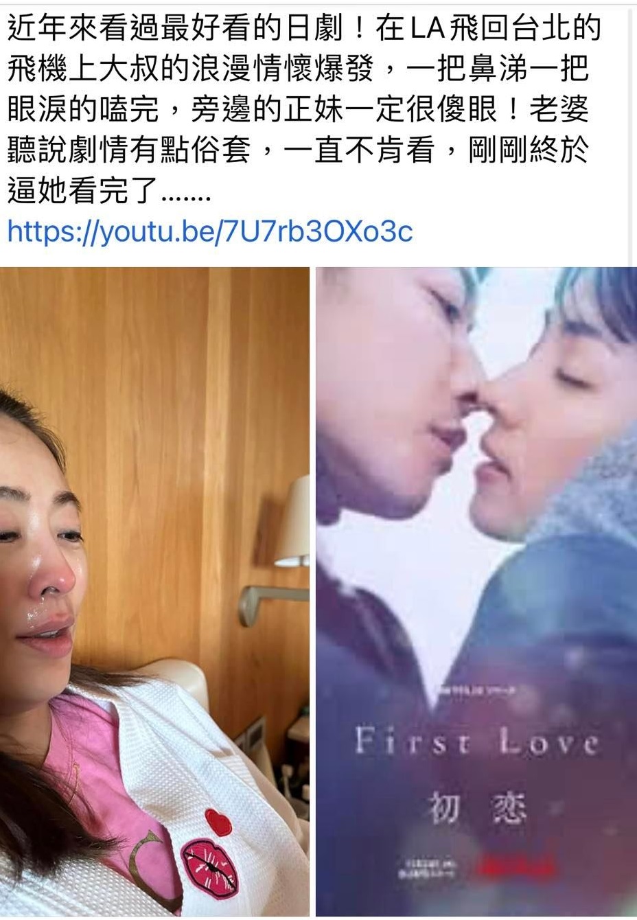 賈永婕跟風看《First Love 初戀》感動得痛哭流涕，臉上都是鼻涕的照片被老公無情出賣。（翻攝自賈永婕的跑跳人生臉書）