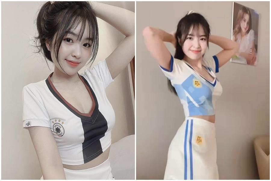 若加上小組賽的德國,黎芳英已經害5支隊伍遭到淘汰。如今她又穿上藍白條紋球衣熱舞,令大批阿根廷球迷崩潰。(翻攝自Anh Phương Lê臉書)
