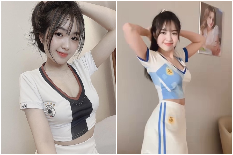 若加上小組賽的德國，黎芳英已經害5支隊伍遭到淘汰。如今她又穿上藍白條紋球衣熱舞，令大批阿根廷球迷崩潰。（翻攝自Anh Phương Lê臉書）