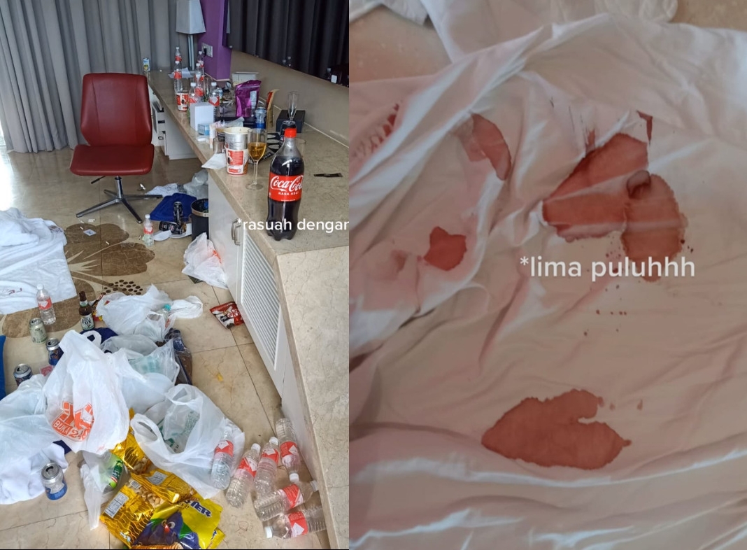 馬來西亞檳城某間飯店外流奧客退房後慘狀畫面，不僅垃圾滿地，床單還噁沾血。（翻攝臉書粉絲專頁「Penang Kini」）