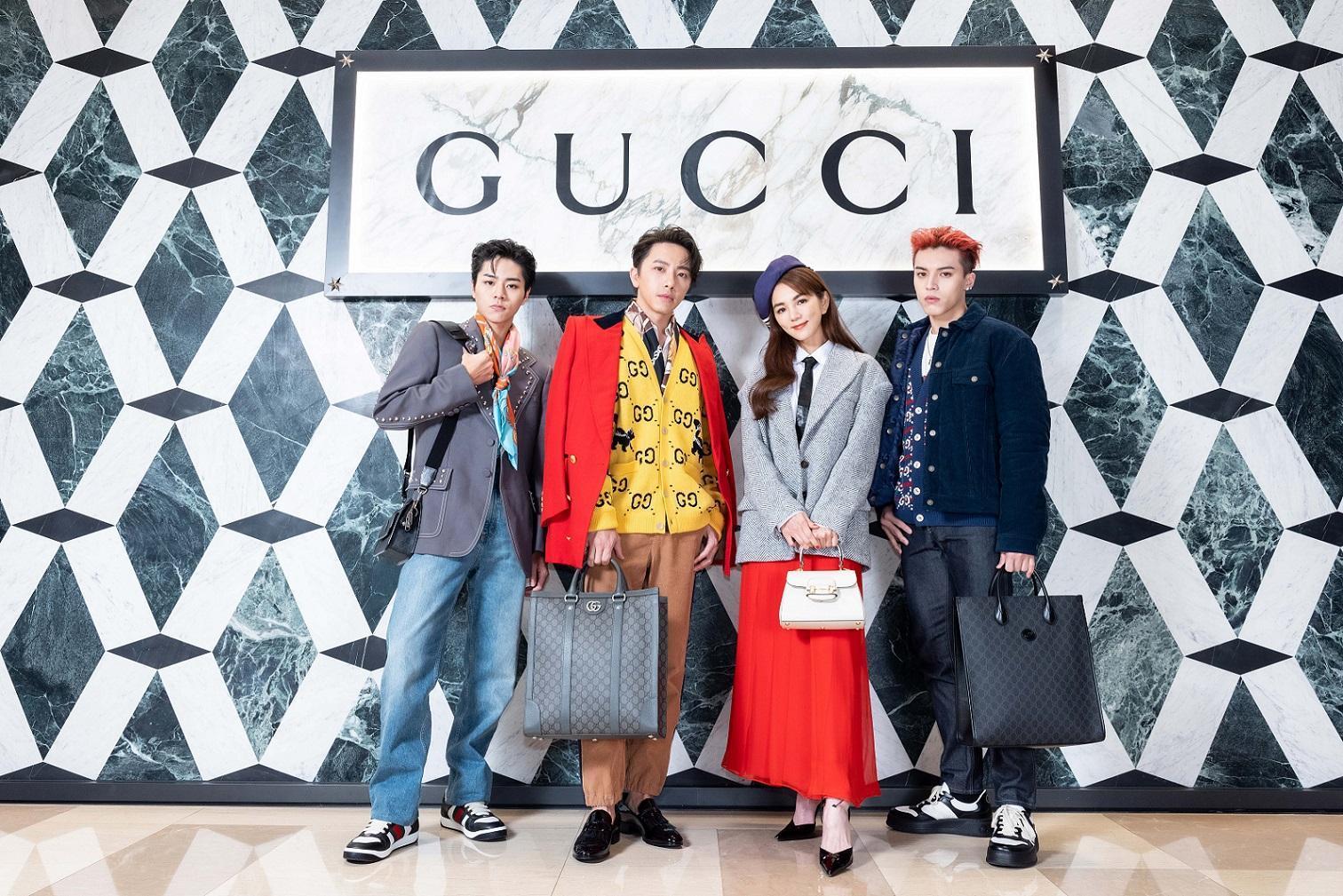 （左起）Ozone成員佳辰、坤達、Ella陳嘉樺、哲言一同出席GUCCI板橋大遠百專門店開幕活動。（古馳提供）