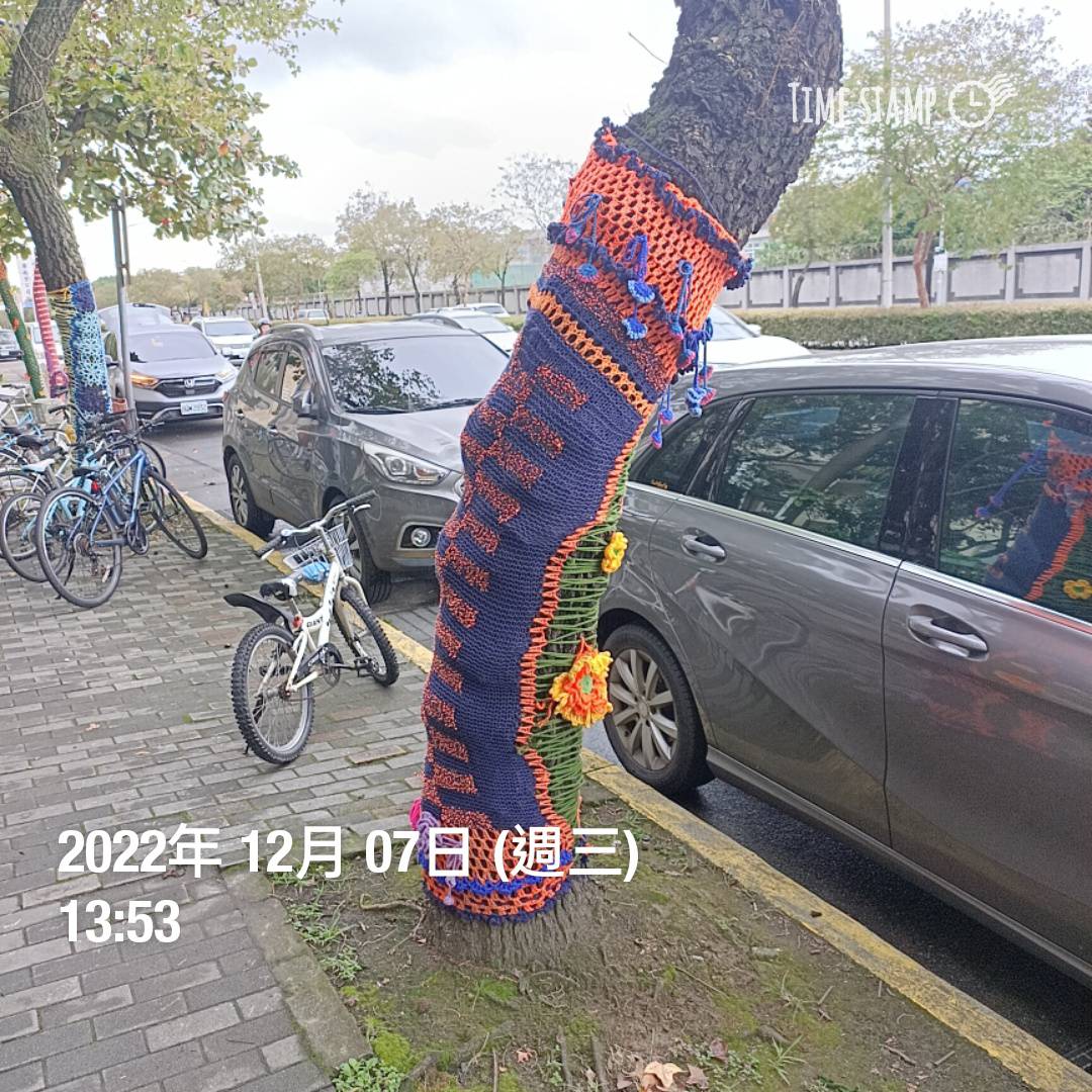 綠樹美學結合樹木穿衣的人文藝術活動,除了美化北市街頭景觀,也讓創作藝術實質融入社區生活。(台北市政府提供)