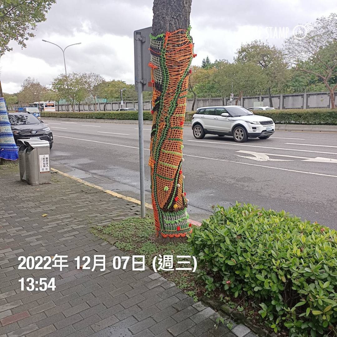 台北街頭行道樹穿搭絢麗圖騰衣裳,繽紛色彩與花樣非常吸睛。(台北市政府提供)