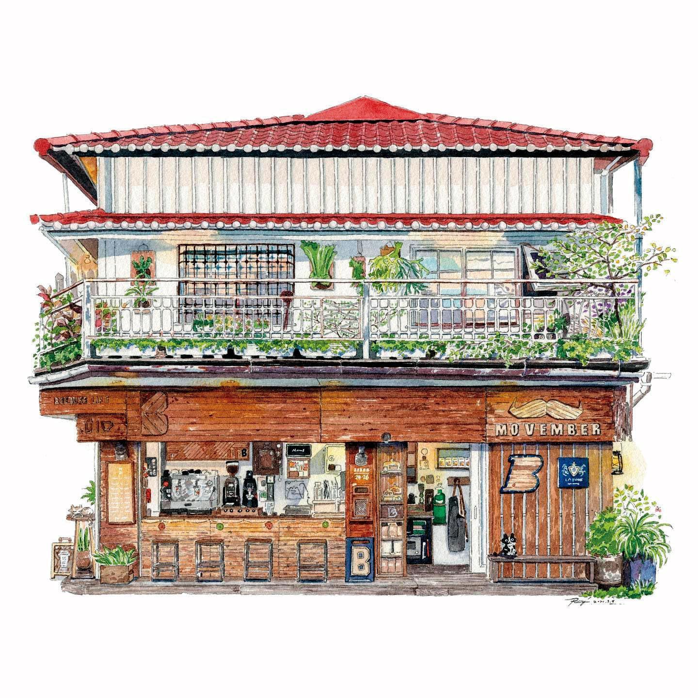 林靖博畫風相當細膩，他畫的咖啡館充滿細節，栩栩如生。（林靖博提供）