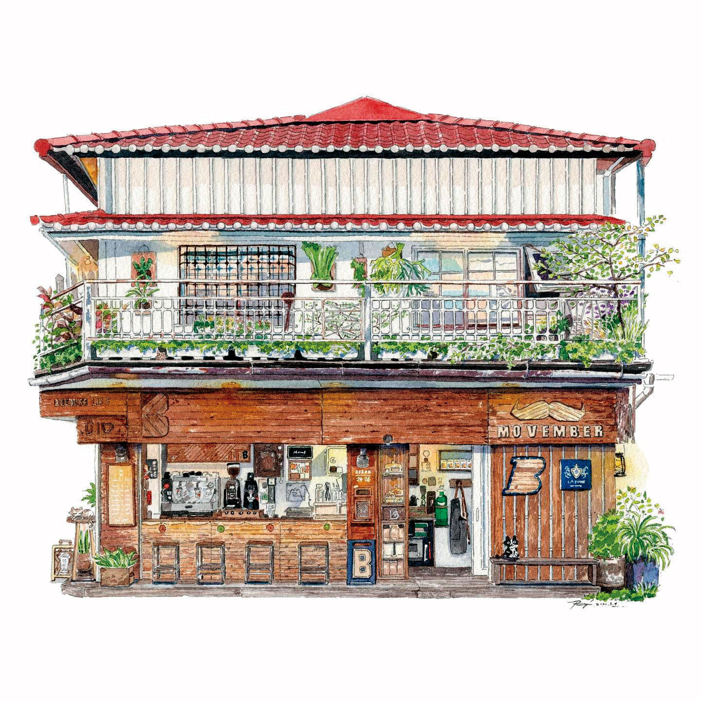 林靖博畫風相當細膩，他畫的咖啡館充滿細節，栩栩如生。（林靖博提供）