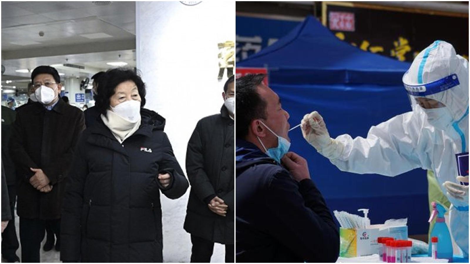 中國疫情延燒讓官方宣布不再公布無症狀感染者,孫春蘭(左圖中)前往北京視察。(翻攝自微博@觀察者網、中國新聞網)