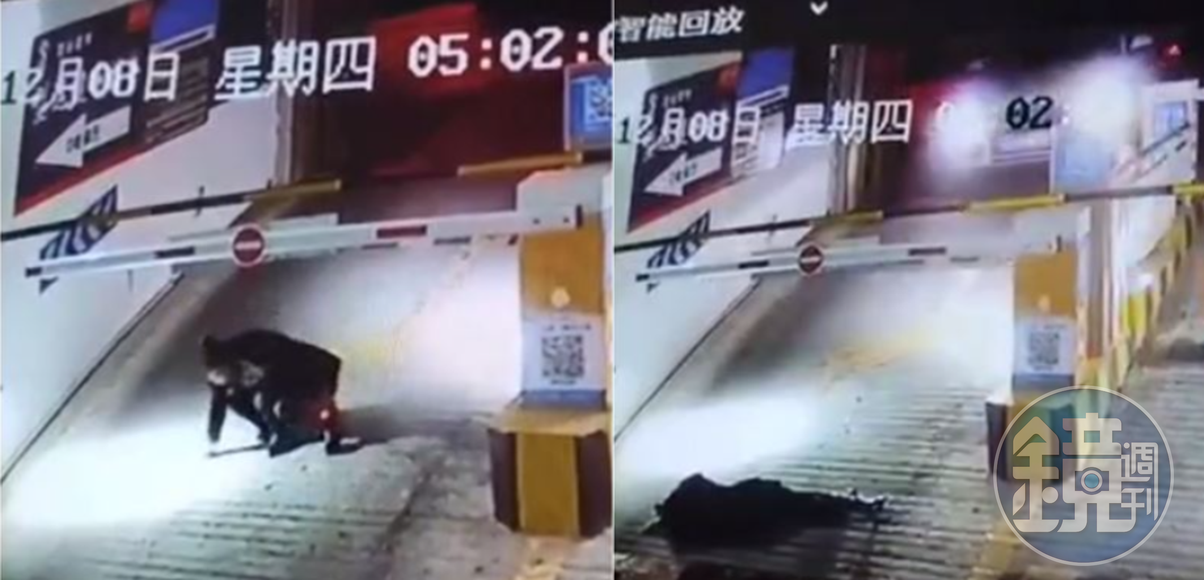 一名身穿黑絲襪的長髮OL疑似喝醉，醉倒在停車場車道底部，慘被轎車輾過。（截自爆料公社）