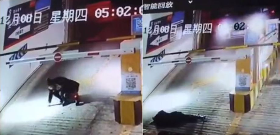 一名身穿黑絲襪的長髮OL疑似喝醉，醉倒在停車場車道底部，慘被轎車輾過。（截自爆料公社）