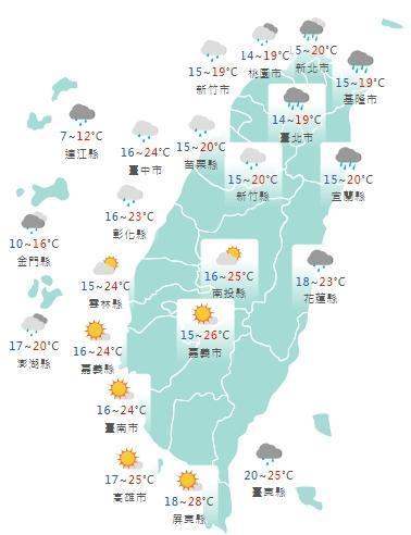 全台各地白日天氣狀況一覽。（中央氣象局提供）