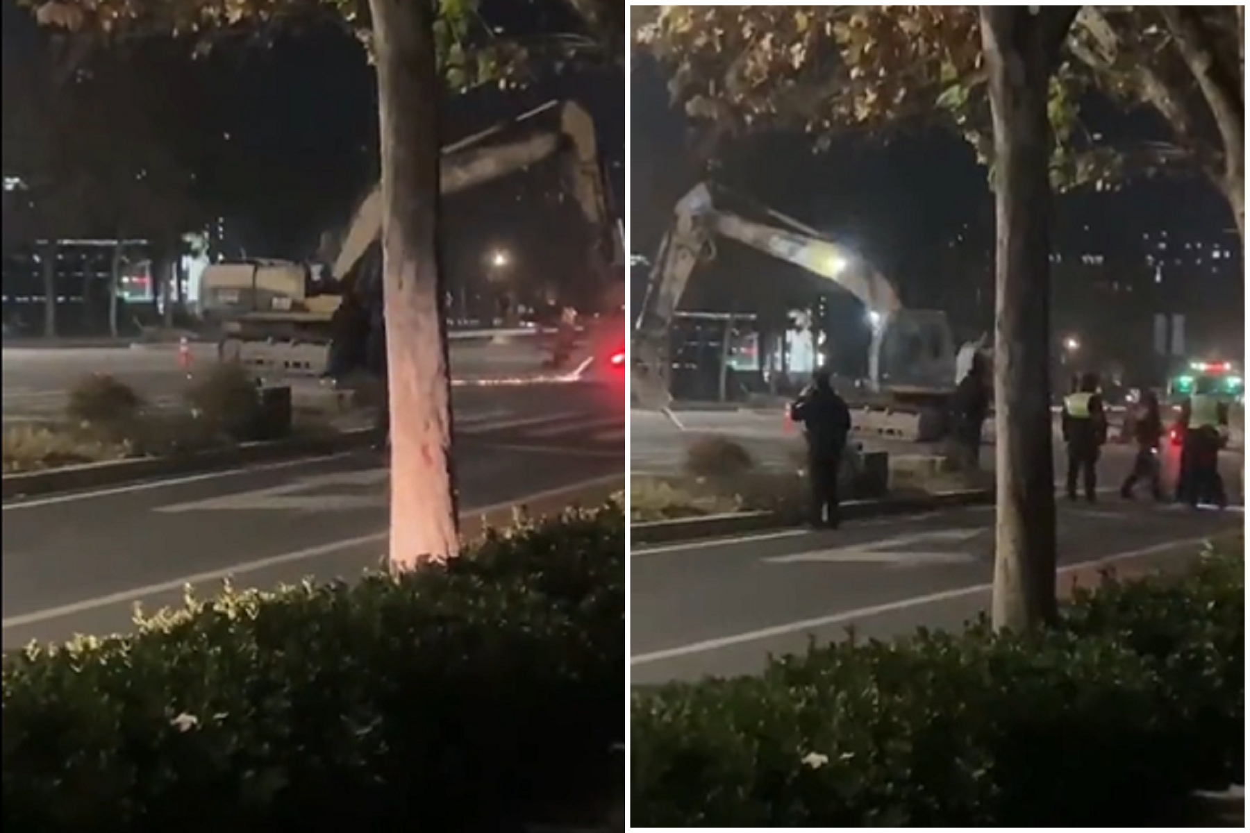 挖土機瘋狂自轉破壞車輛，司機遭中國警開30槍擊斃慘死。（翻自推特）