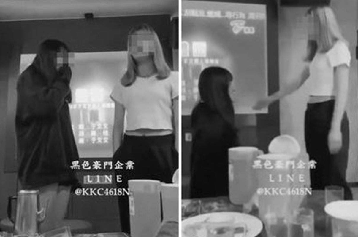 白衣少女因黑衣少女沒還她外套，雙方約在KTV談判並且動用私刑「逼下跪打巴掌」。（翻攝「黑色豪門企業」）