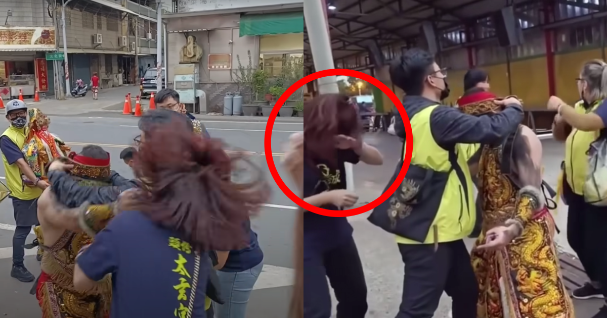 苗栗頭份太玄宮喊冤影片遭惡意剪輯後製（左），如今另一視角影片曝光（右），同樣有相當響亮的「啪」一聲。（翻攝自YouTube、爆料公社臉書）