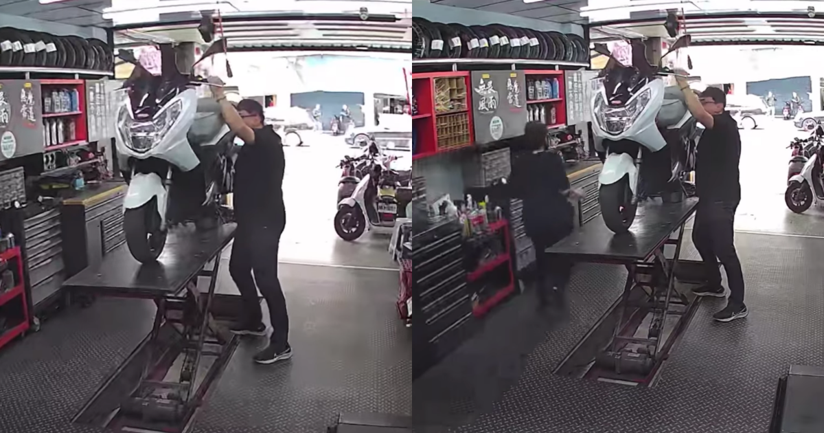 花蓮機車行老闆遇到地震捨身護機車，讓網友直呼好敬業。（翻攝自林軒霆臉書）