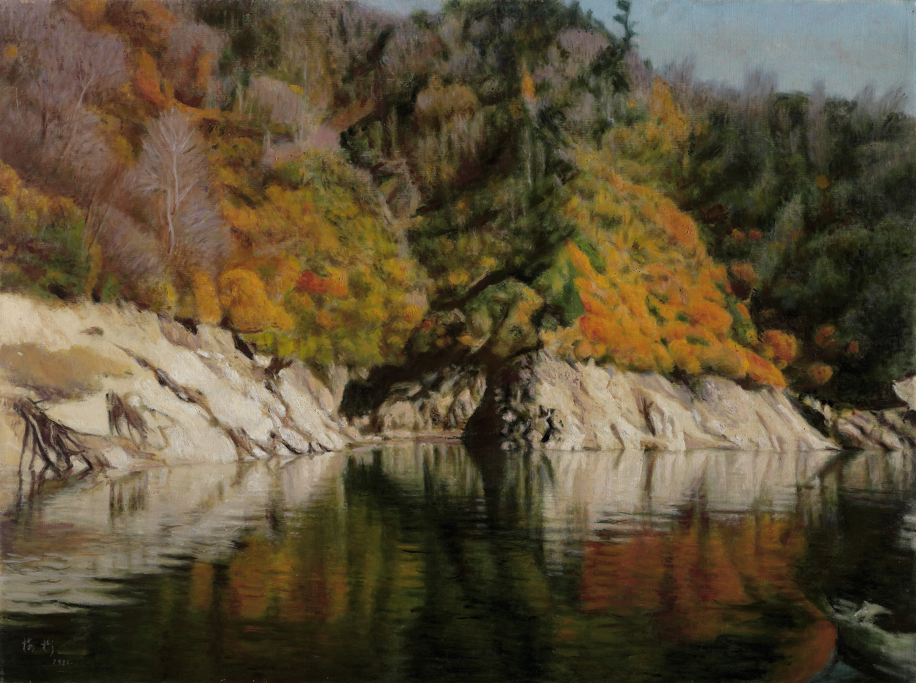 李梅樹作品〈奧只見湖〉，1980，油彩、畫布，130x97公分。（李梅樹紀念館提供）