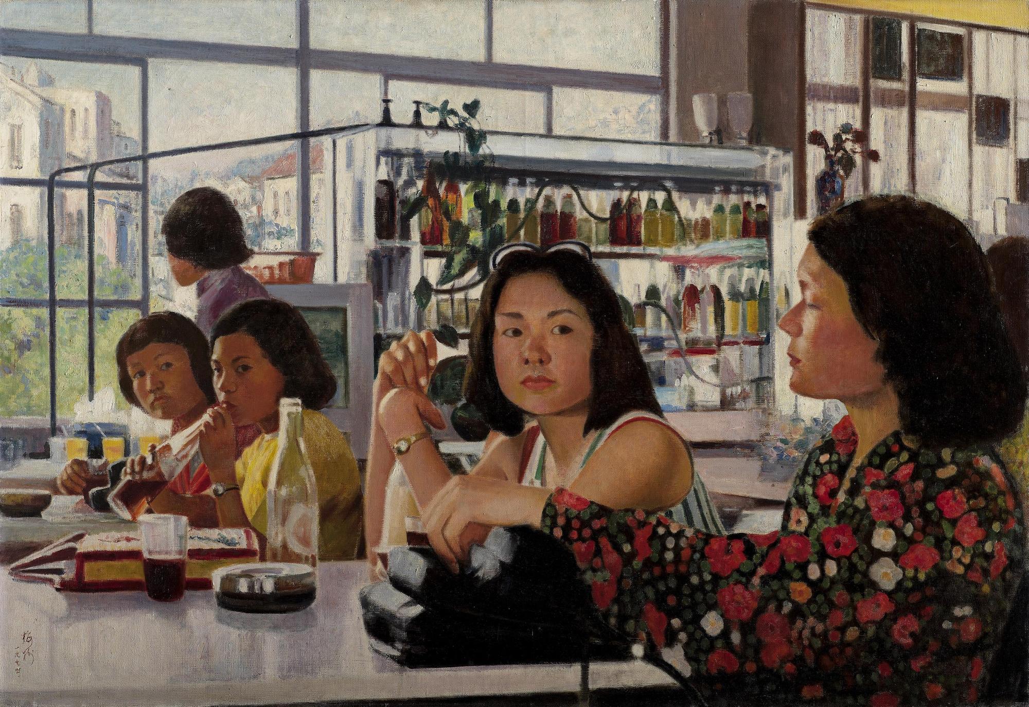李梅樹作品〈冰果店〉，1974，油彩、畫布，89.5x130公分。（李梅樹紀念館提供）
