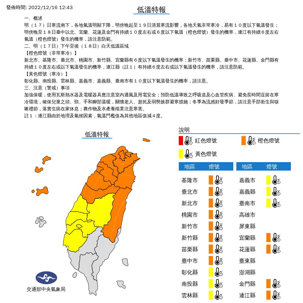 寒流即將南下，氣象局今天也針對18縣市發布「低溫特報」。（中央氣象局提供）