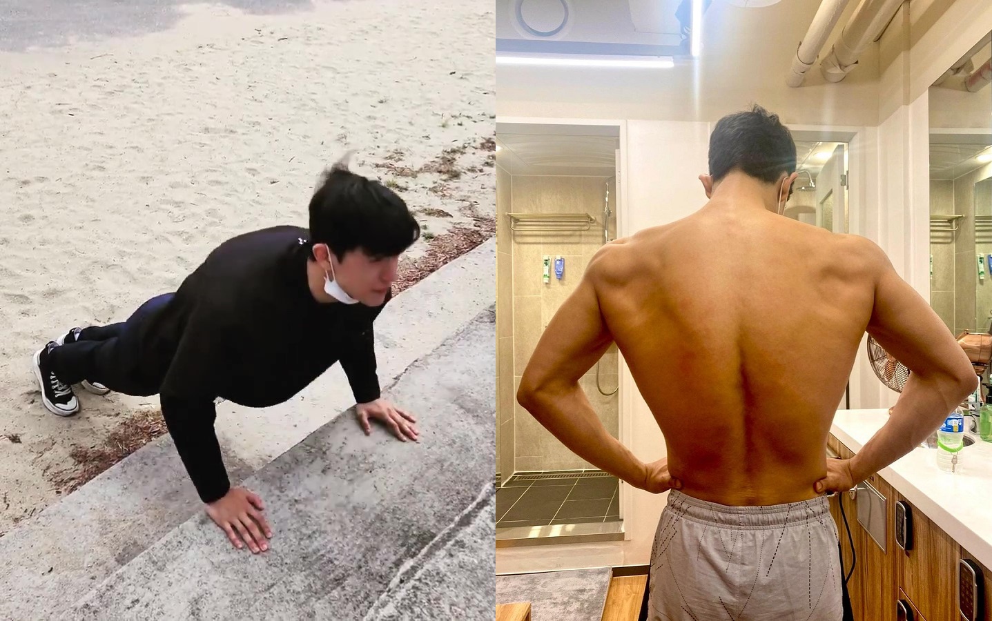 羅門過去因身材嬌小感到自卑,積極健身練出太平洋寬肩(右圖)。(翻攝自羅門Instagram)