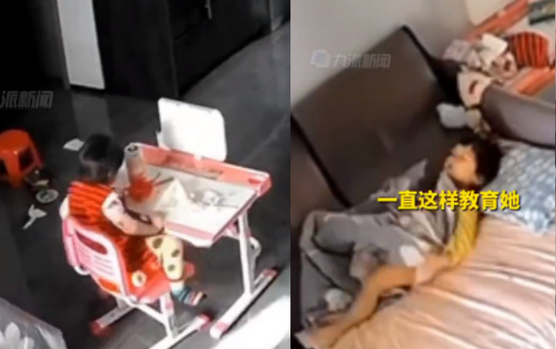 中國天津一家庭父母都確診在房間隔離，3歲半的女兒在客廳獨自吃飯、睡覺，生活自理能力超乎一般人想像。（翻攝微博@頭條新聞）