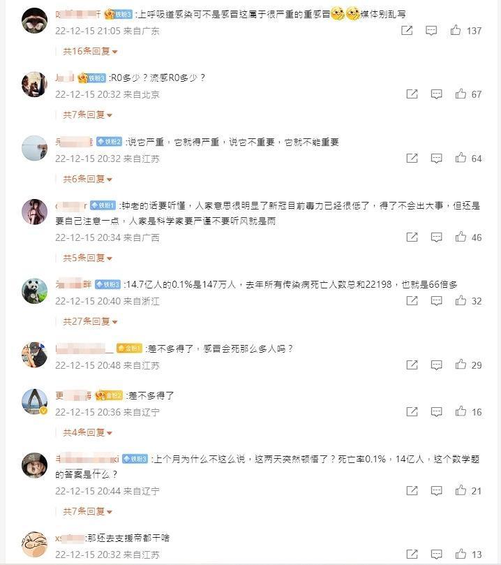 微博上不少網友吐槽鍾南山的說法。(翻攝自微博)