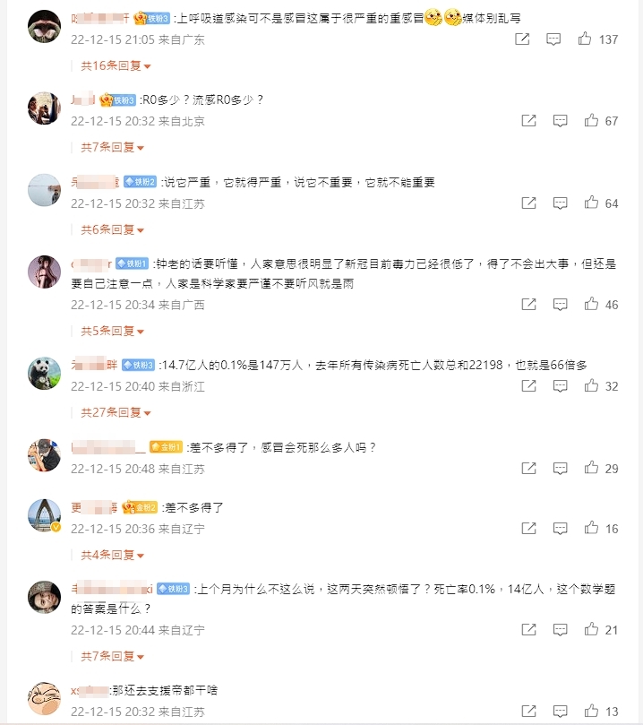 微博上不少網友吐槽鍾南山的說法。（翻攝自微博）