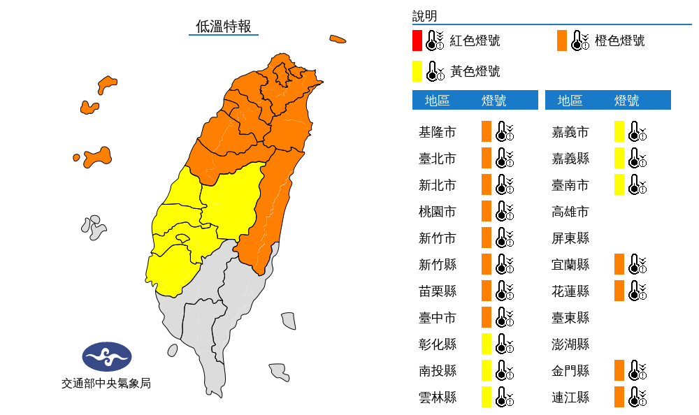 中央氣象局對全台18縣市發布低溫特報。（翻攝自中央氣象局官網）