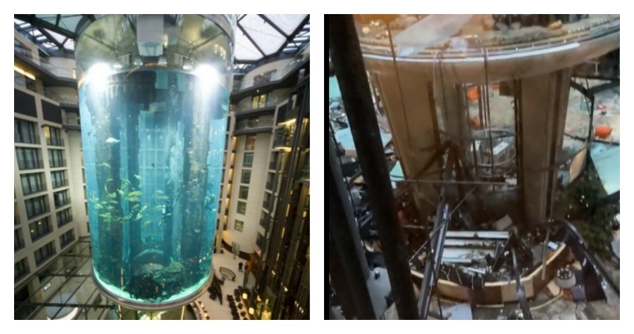 全世界最大的水族箱疑天氣太冷炸裂。（翻攝推特）