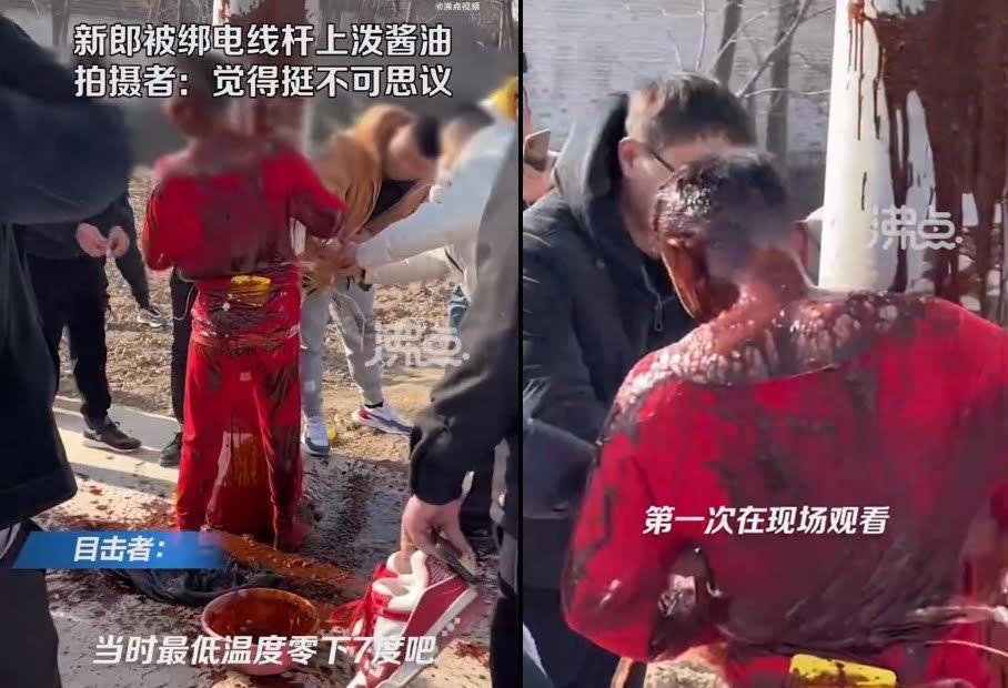 中國安徽傳出一名新郎迎娶新娘當天，被友人婚鬧，竟在零下7度的氣溫將新郎綁在電線桿上，還潑醬汁戲弄。（翻攝「沸點視頻」微博）