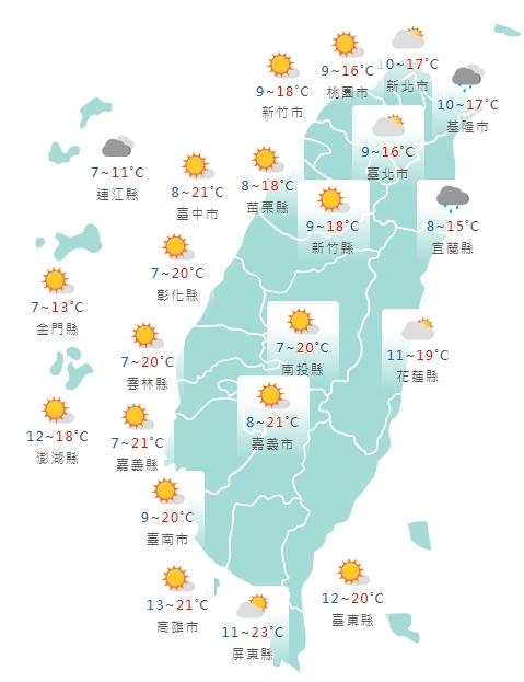 全台今日白天天氣狀況一覽。(中央氣象局提供)