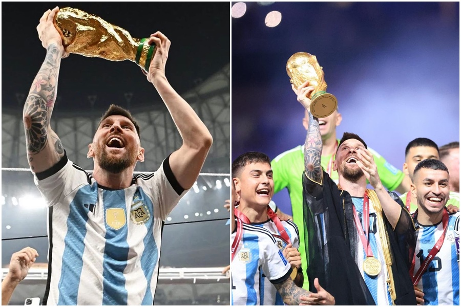 梅西率隊奪下睽違36年的冠軍，卡達國王替他「黑袍加身」舉金盃。（翻攝自leomessi IG）