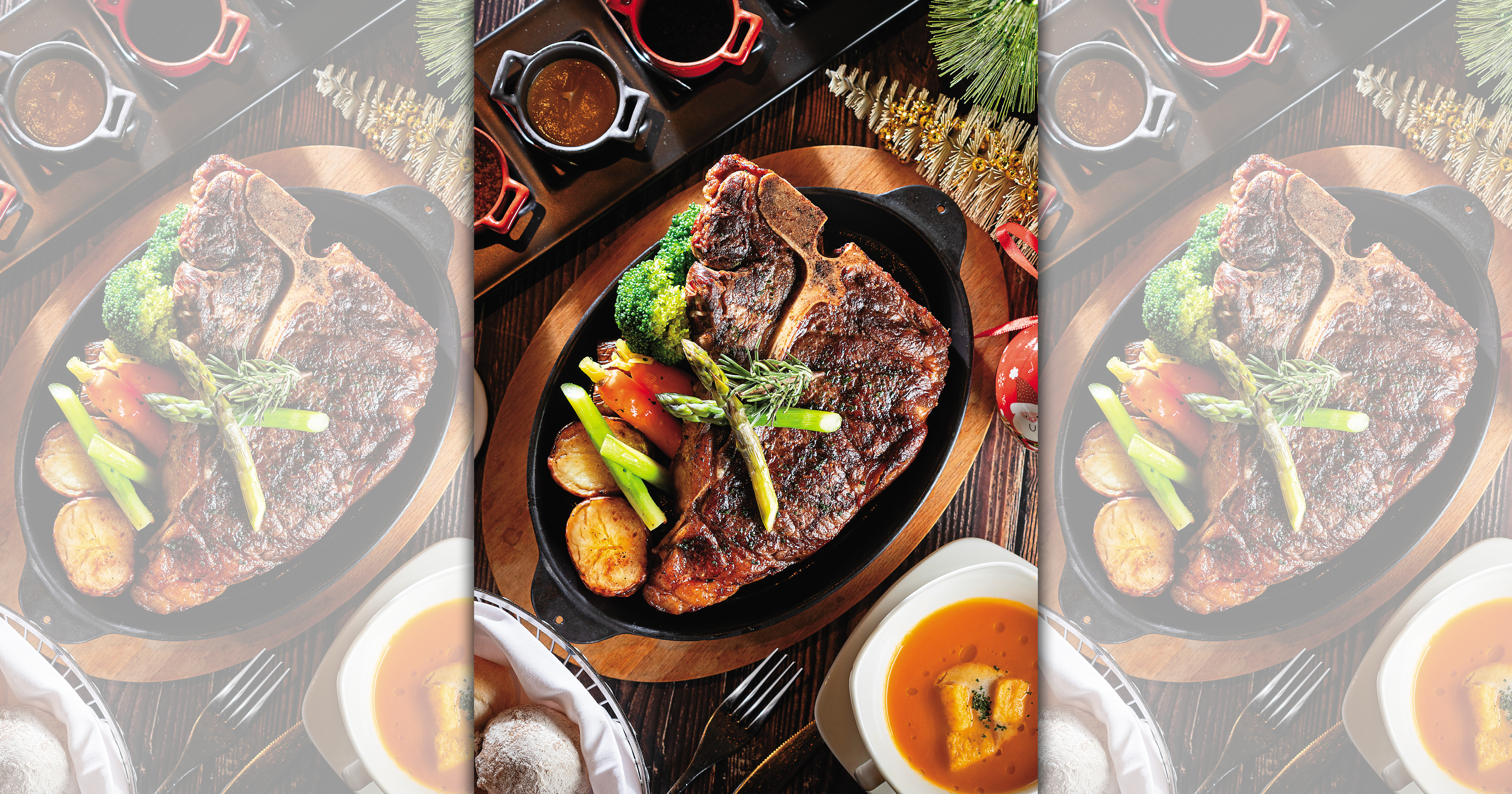 「丁骨牛排雙人分享餐」份量十足，適合肉食男女點來共祝佳節。（2,999元／套餐）