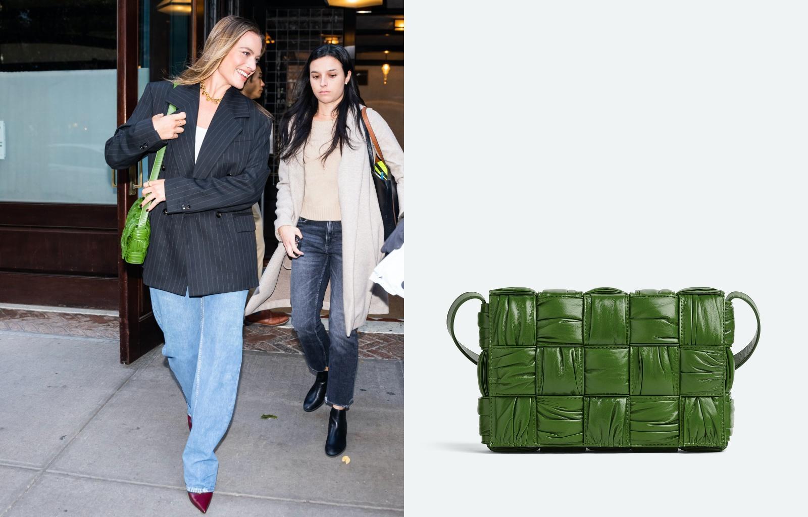 Margot Robbie以oversize的西裝外套look搭配Cassette酪梨綠皮革抓皺肩背包。NT$112,600(BOTTEGA VENETA提供)