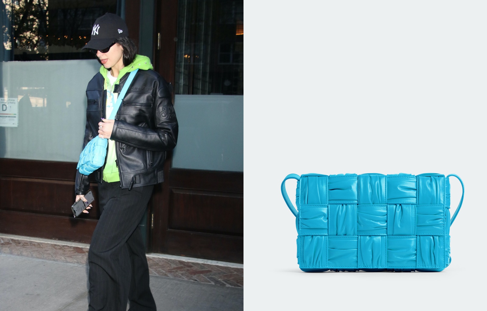 Dua lipa以帥氣的皮外套搭配泳池藍Cassette皮革抓皺肩背包。NT$112,600（BOTTEGA VENETA提供）