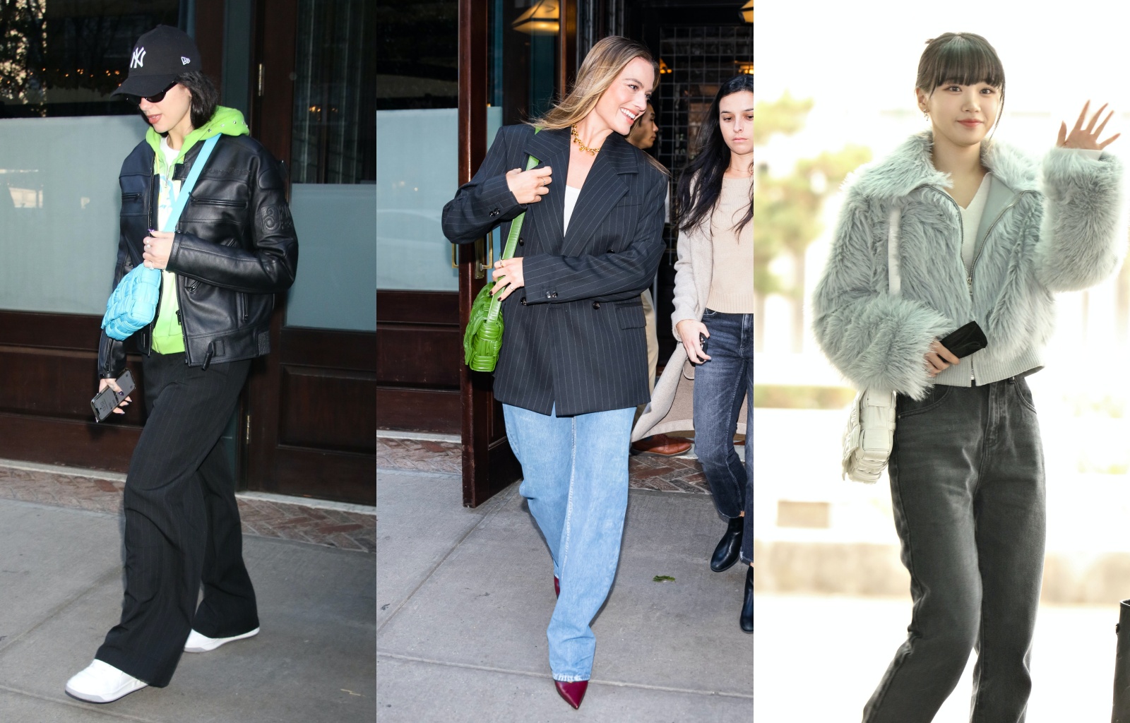 （左起）Dua Lipa、Margot Robbie、金采源都背著Foulard系列Cassette肩背包。（BOTTEGA VENETA提供）