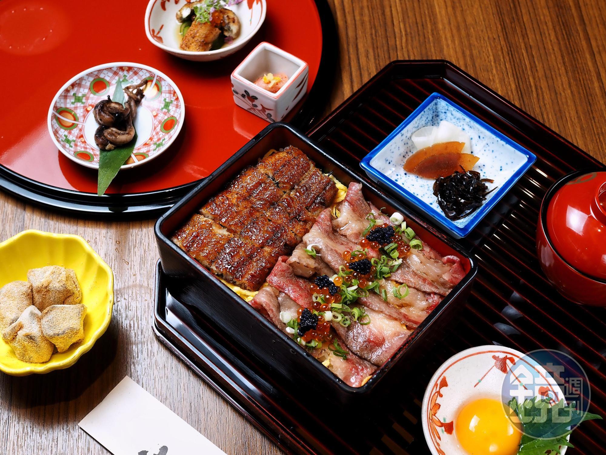 大直店限定的「極上鰻牛重」一次滿足想吃和牛和鰻魚的欲望,御膳還會附上鰻漬黃瓜、柚子明太子、鰻肝燒、黑糖蕨餅。(980元/基本套餐;1,380元/御膳)