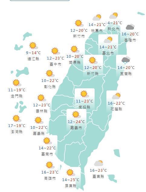 全台各地天氣狀況一覽。(中央氣象局提供)