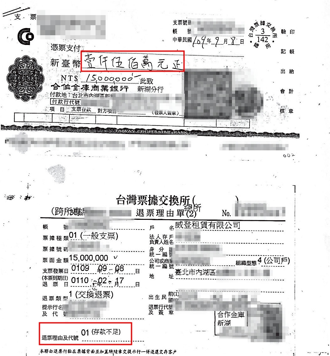 李男開出多張上千萬元的支票，卻都無法兌現。（讀者提供）