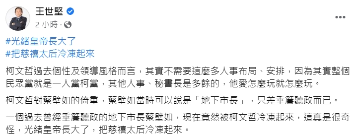 王世堅今po文表示，過去曾垂簾聽政的地下市長蔡壁如，現在竟被柯文哲冷凍起來，「這真是很奇怪」。（翻攝自王世堅臉書）
