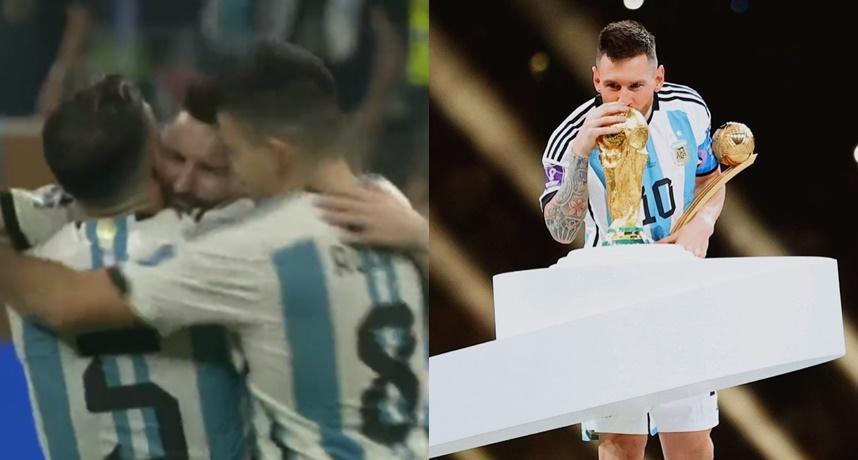 阿根廷奪冠當下,梅西與隊友緊緊抱在一起。(翻攝自推特、Lionel Messi Instagram)