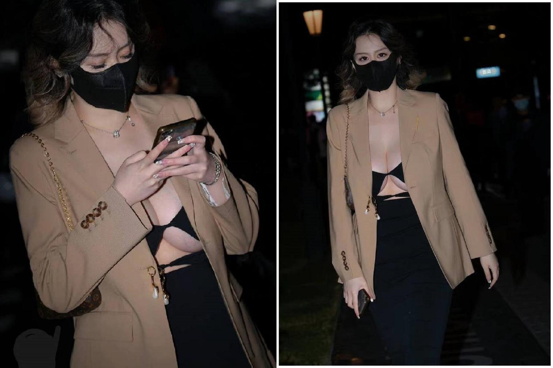 正妹穿搭如能幹女秘書,「饅頭巨彈」快炸裂!網友毒舌:下垂是「珍奶」。(翻自微博)