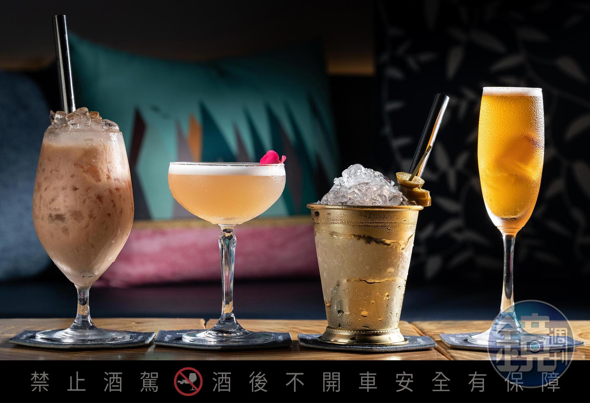 由台北「榕信義」主理人Alan操刀的酒單，可喝到「中華路牛乳大王」（左起 ）「琉球純愛組」「當初來到小島」「透明泰奶」等創意調酒。（320～350元／杯 ）