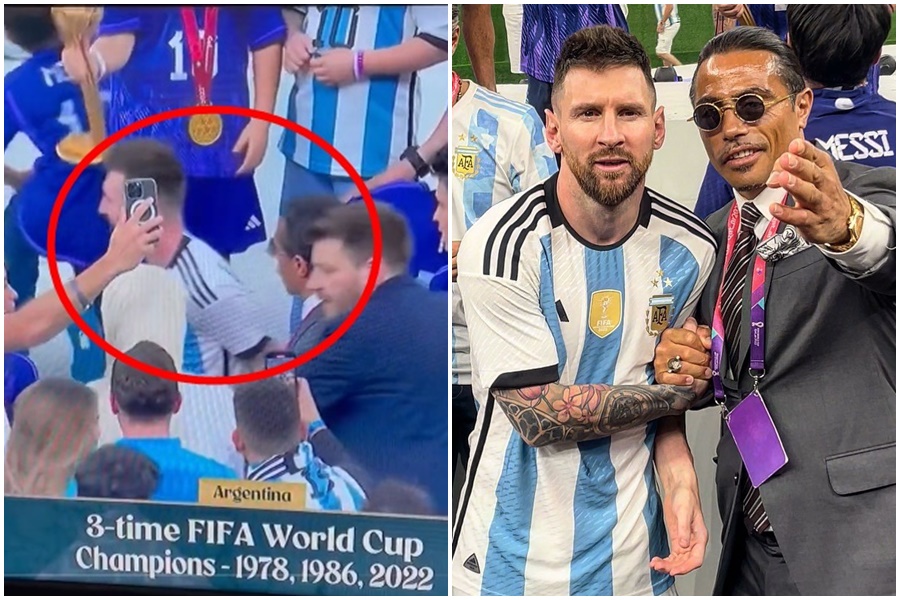 努斯雷特（右圖右）為了合照，數度拉梅西手臂引起注意。（左圖翻攝自推特@syncmedia24，右圖翻攝自nusr_et IG）