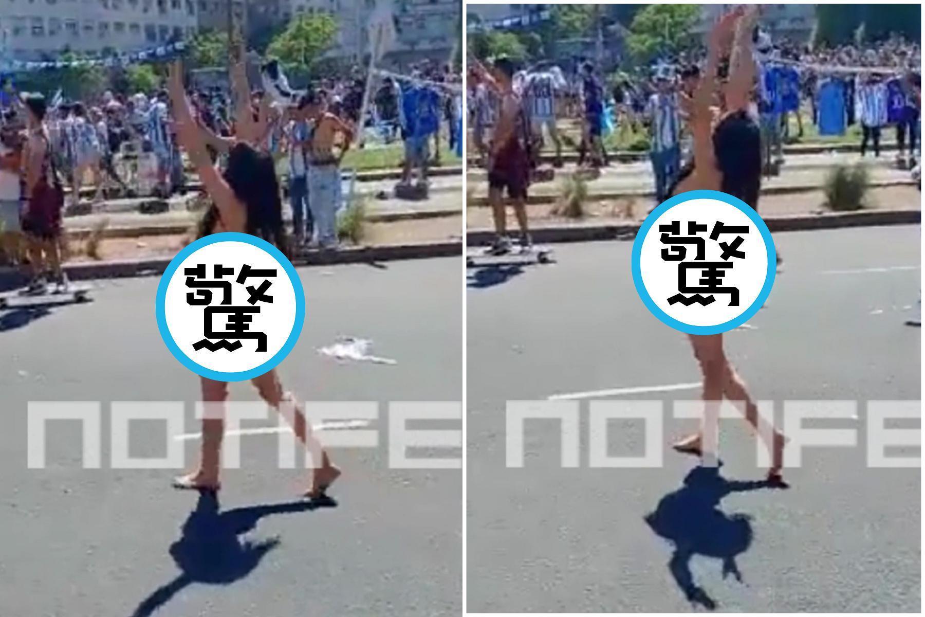 梅西讓她高潮了！全裸上街狂歡，讓萬人直視「雪乳密穴」。（翻自《太陽報》）