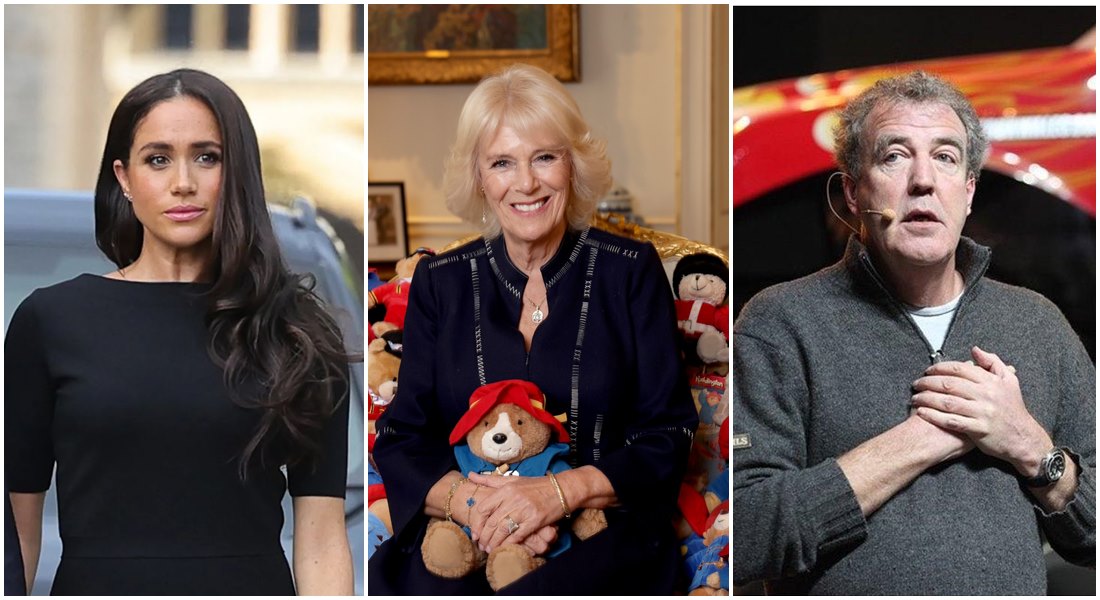 傑瑞米克拉克森（右圖）撰文攻擊梅根（左圖），白金漢宮和卡蜜拉（中）拒絕評論。（翻攝維基百科、推特、The Royal Family臉書）