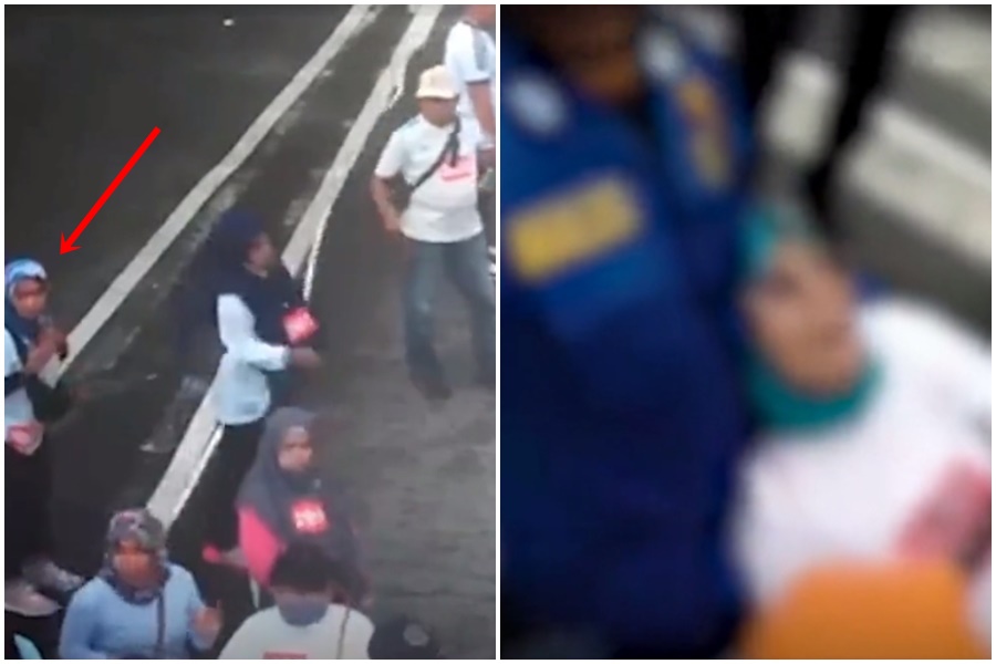 印尼女子馬錫塔參加5千多人拔河比賽，在1.54公里長的繩子快速收繩下被勾到，以致翻轉撞到水泥慘死。（翻攝自推特）